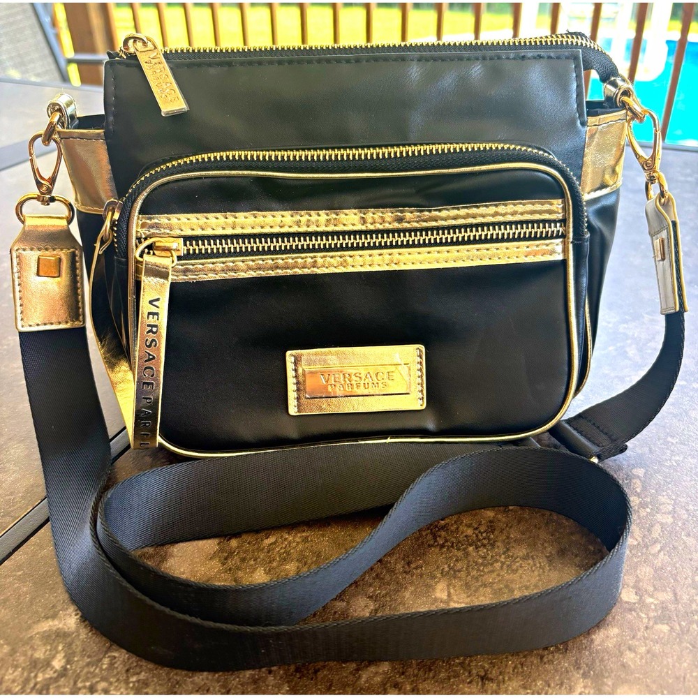 Versace Black/Gold Logo Crossbody Bag Zip Detachable Adjustable Strap NWOT